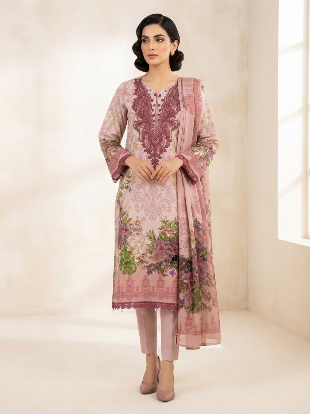 Elegant Pink Floral Lawn suit Kurta Shalwar and Duptta Embroidery Dress